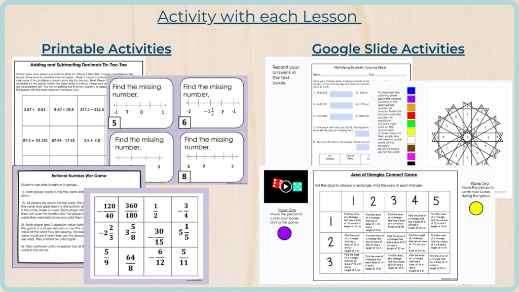 6th grade math lessons with activities